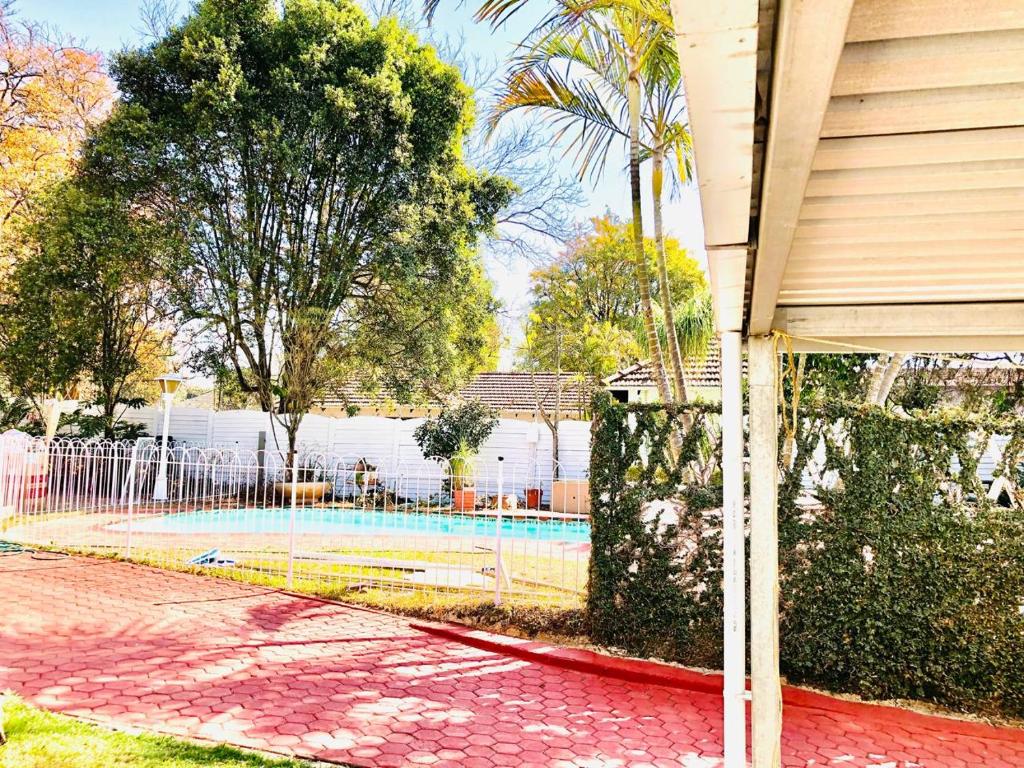 Paved courtyard looking towards the swimming pool